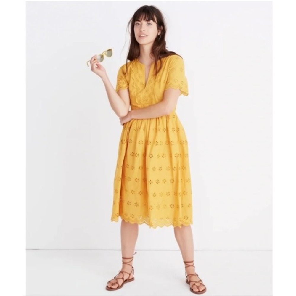 Madewell Yellow Scalloped Eyelet Midi Dress Short Sleeve Tungsten Glow Size 14